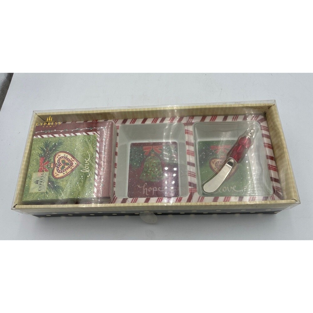 Cypress Home "Holiday Glow" Christmas Condiment Set-Tray, Spreader & Napkins NEW